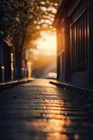 une rue avec voitures garé sur il à le coucher du soleil photo