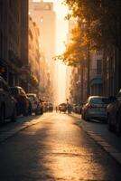 une rue avec voitures garé sur il à le coucher du soleil photo