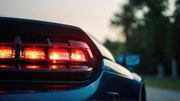 une proche en haut de le queue lumière de une des sports voiture photo