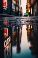 une rue à nuit avec lumières et reflets photo