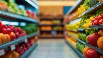 supermarché boutique étagères avec des fruits et des légumes avec flou Contexte photo