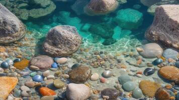 ai généré texture transparent clair des eaux de le mer Lac avec galets en dessous de l'eau photo