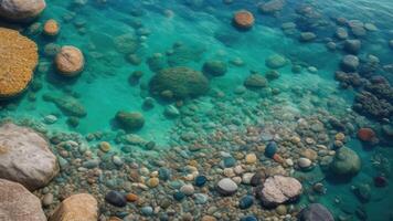 ai généré texture transparent clair des eaux de le mer Lac avec galets en dessous de l'eau photo