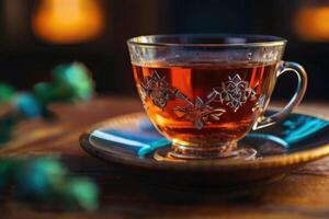 ai généré transparent tasse à thé sur une en bois table photo