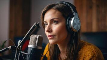 ai généré une femme podcasteur dans une studio avec écouteurs sur photo