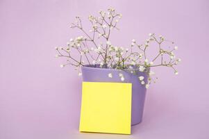 l'écriture autocollants, bloc-notes maquette sur table avec gypsophile dans violet fleur pot. endroit pour texte photo