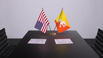 bhoutan et Etats-Unis à négociation tableau. affaires et politique 3d illustration. nationale drapeaux, diplomatie accord. international accord photo