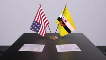 brunei et Etats-Unis à négociation tableau. affaires et politique 3d illustration. nationale drapeaux, diplomatie accord. international accord photo