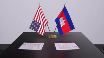 Cambodge et Etats-Unis à négociation tableau. affaires et politique 3d illustration. nationale drapeaux, diplomatie accord. international accord photo