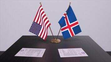 Islande et Etats-Unis à négociation tableau. affaires et politique 3d illustration. nationale drapeaux, diplomatie accord. international accord photo