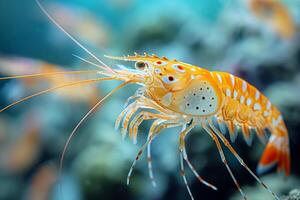la nature beauté dans le profondeurs une gracieux crevette contre le serein aquatique toile de fond, espace pour texte photo