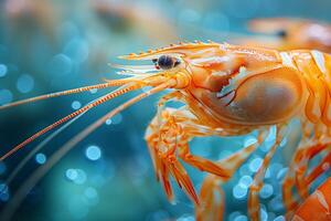 le Danse de l'eau créatures élégamment capturé crevette se déplace parmi légumes verts photo