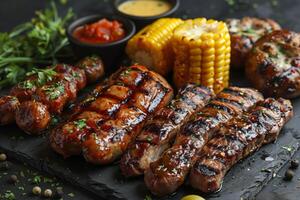 carbonisé à la perfection, succulent brochettes embrassé par Feu et herbes sur le gril photo