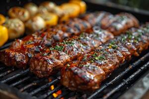 fumé au grill brochettes lacé avec le essence de Frais herbes photo