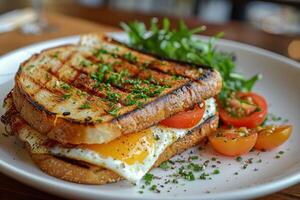 se livrer dans le richesse de une à la perfection chevronné Oeuf panini pour petit déjeuner photo