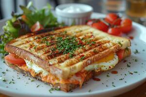 délice dans le Facile les plaisirs avec cette herbacé Oeuf paninis, café menu photo