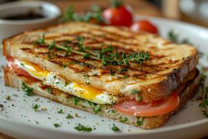 Oeuf panini avec le fraîcheur de tomates et persil, une Matin le banquet photo