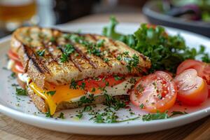 élégant Oeuf panini avec juteux tomate tranches, une culinaire travail de art photo