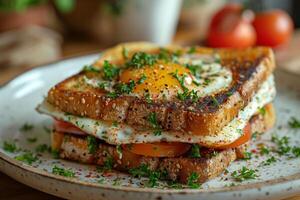 gourmet petit déjeuner sandwich avec Frais herbes et épices, parfait Matin plaisir, menu restaurant photo