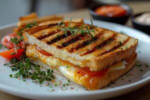 le banquet votre yeux et palais sur cette luxueux Oeuf et tomate panini photo