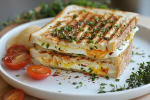 Oeuf paninis, une hommage à traditionnel petit déjeuner avec une moderne torsion photo