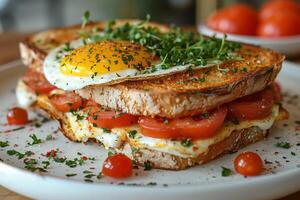 une succulent Oeuf panini expérience, habillé avec tomate et saupoudré avec herbes photo