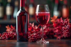 romantique soir installer avec une verre de vin, plein bouteille, et les raisins à attirer le palais photo