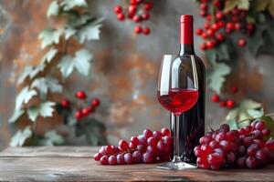 rouge du vin attend, un invitation à se détendre avec une verre et les raisins sur une de mauvaise humeur soir photo