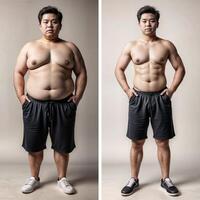 avant et après image de un asiatique homme mettant en valeur le résultats de le sien poids perte photo