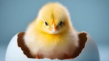 mignonne peu Jaune poulet dans un coquille d'oeuf sur une bleu Contexte. photo