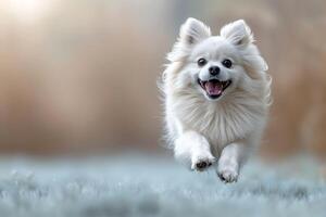 une éclater de canin joie, pattes atteindre pour le ciel, bonheur dans mouvement photo