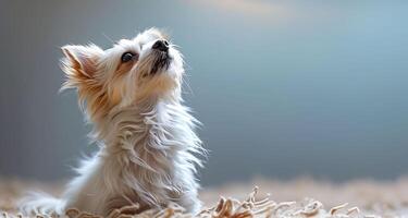 serein canin beauté, une blanc loulou regards dans le distance, une image de calme, copie espace photo