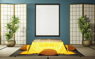 papier de séparation japonais design en bois et table basse kotatsu sur sol en tatami de salon à la menthe.rendu 3d photo