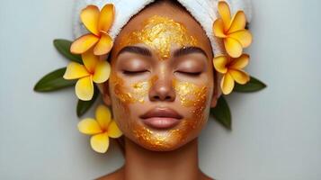 magnifique Jeune femme avec d'or masque sur sa affronter. beauté traitement. photo