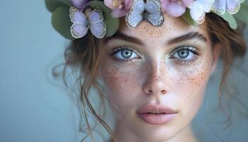 portrait de une Jeune femme avec une floral couronne sur bleu Contexte. photo