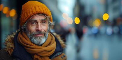 au milieu de le de la ville battement de coeur, une sans abri homme sourire tisse histoires de survie et espoir. photo