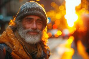 au-delà le domaine de maisons et les foyers, le sien sourire est une sans abri homme silencieux rébellion photo