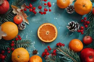 un arrangement de sur le thème de Noël objets comprenant houx, pommes, des oranges, et pin cônes. photo