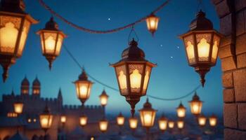 Ramadan Karim, lanterne, carte postale. illuminé lanterne à crépuscule pendant Ramadan signifie tradition. photo