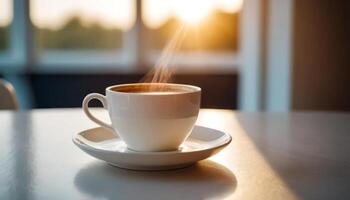 Matin café. une blanc tasse rempli avec fumant café repose sur une nettoyer blanc tableau, moulage une subtil ombre. création une serein Matin scène. photo