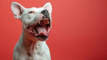 taureau terrier, en colère chien mise à nu ses dents, studio éclairage pastel Contexte photo