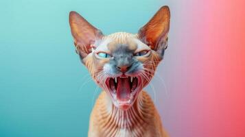 devon rex, en colère chat mise à nu ses dents, studio éclairage pastel Contexte photo