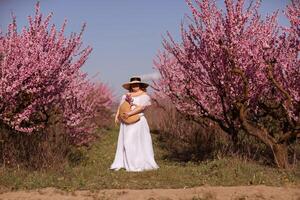 femme épanouissement pêche verger. contre le toile de fond de une pittoresque pêche verger, une femme dans une longue blanc robe et chapeau jouit une paisible marcher dans le parc, entouré par le beauté de la nature. photo