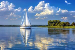 voilier dérive paresseusement sur calme lac, ses voiles flottant dans le doux été brise photo