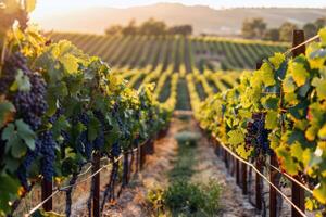 luxuriant vignoble baigné dans lumière du soleil avec mûr fruit attendre à être récolté dans le de pointe de été photo