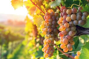 luxuriant vignoble baigné dans lumière du soleil avec mûr fruit attendre à être récolté dans le de pointe de été photo