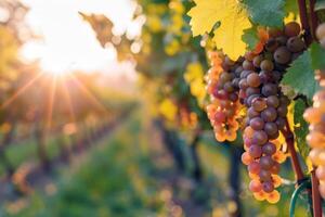 luxuriant vignoble baigné dans lumière du soleil avec mûr fruit attendre à être récolté dans le de pointe de été photo