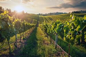 luxuriant vignoble baigné dans lumière du soleil avec mûr fruit attendre à être récolté dans le de pointe de été photo