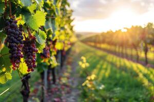 luxuriant vignoble baigné dans lumière du soleil avec mûr fruit attendre à être récolté dans le de pointe de été photo