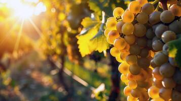 luxuriant vignoble baigné dans lumière du soleil avec mûr fruit attendre à être récolté dans le de pointe de été photo